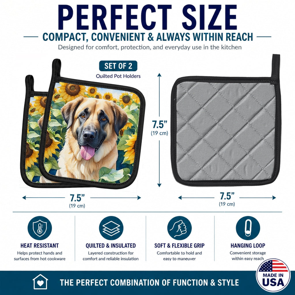 Anatolian Shepherd in Sunflowers Pot Holder Set of 2 Heat Resistant Quilted Hot Pads 7.5 x 7.5 Inch, Insulated Kitchen Trivets for Cooking & Baking
