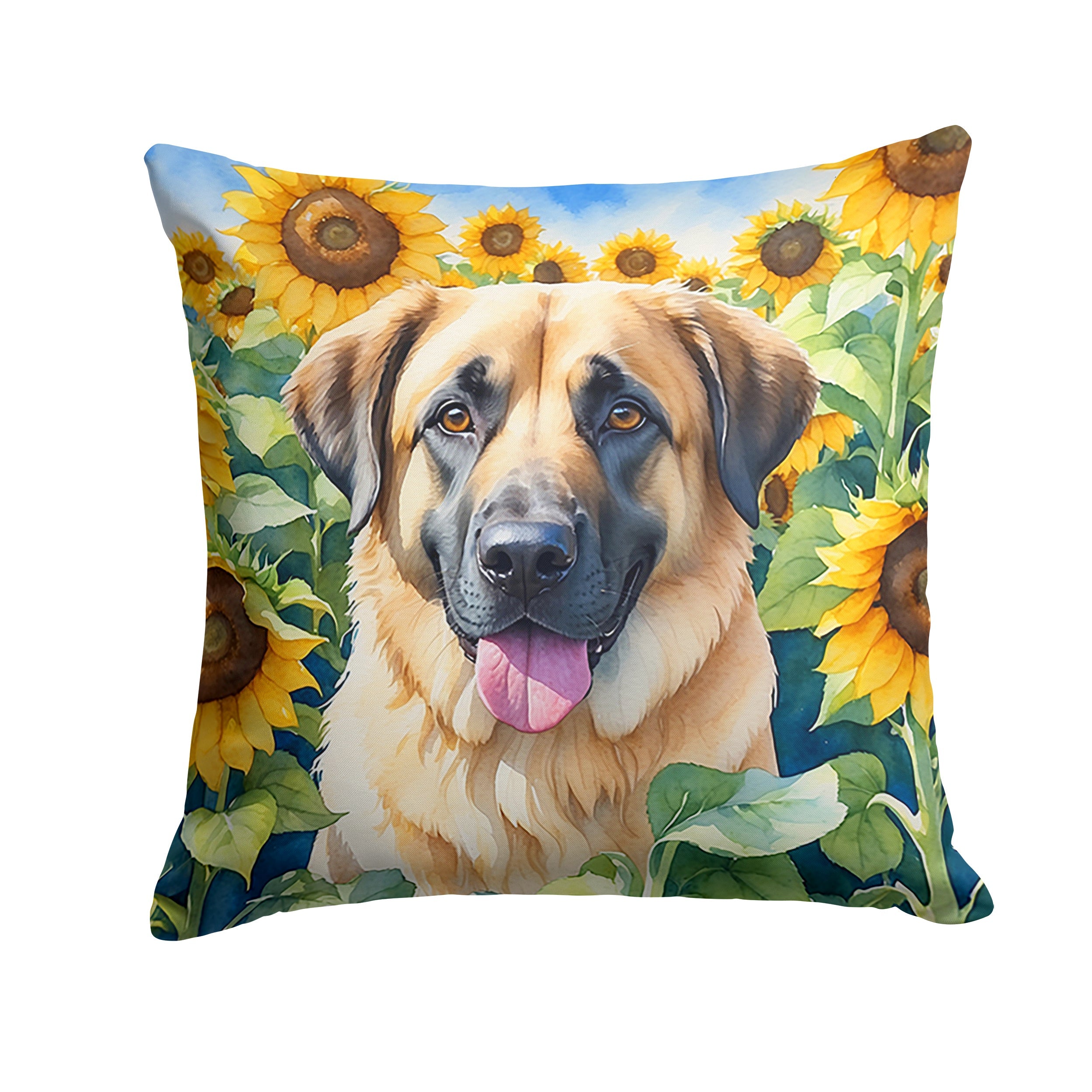 Anatolian Shepherd in Sunflowers Decorative Throw Pillow 14x14 Indoor Outdoor Accent Cushion, Fabric Cover with Insert for Sofa, Bed, Porch & Living Room