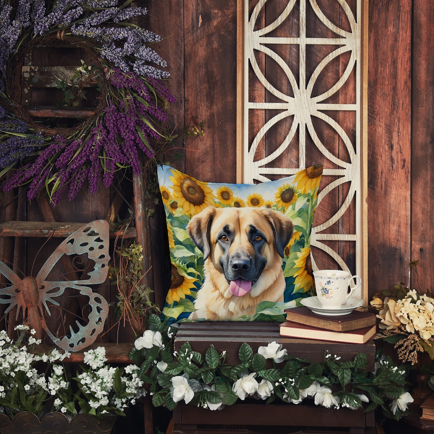 Anatolian Shepherd in Sunflowers Decorative Throw Pillow 14x14 Indoor Outdoor Accent Cushion, Fabric Cover with Insert for Sofa, Bed, Porch & Living Room