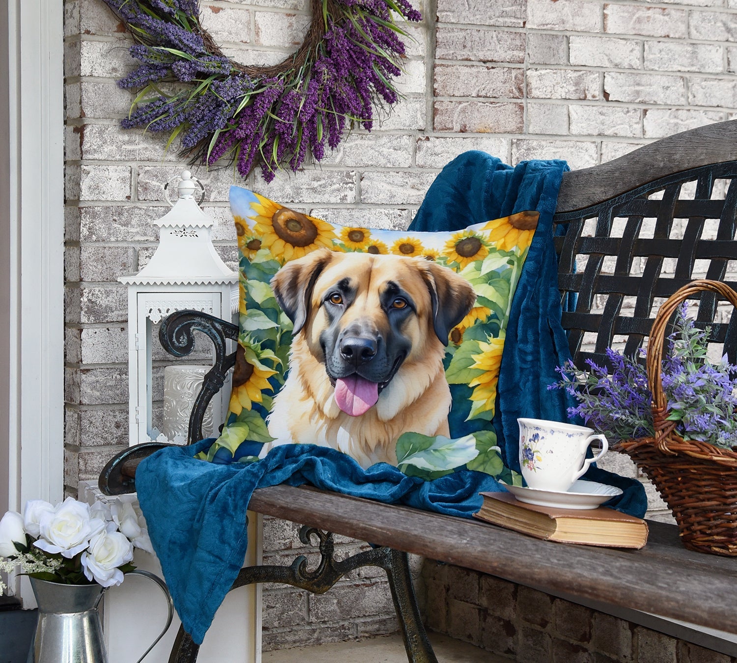 Anatolian Shepherd in Sunflowers Decorative Throw Pillow 18x18 Indoor Outdoor Accent Cushion, Fabric Cover with Insert for Sofa, Bed, Porch & Living Room