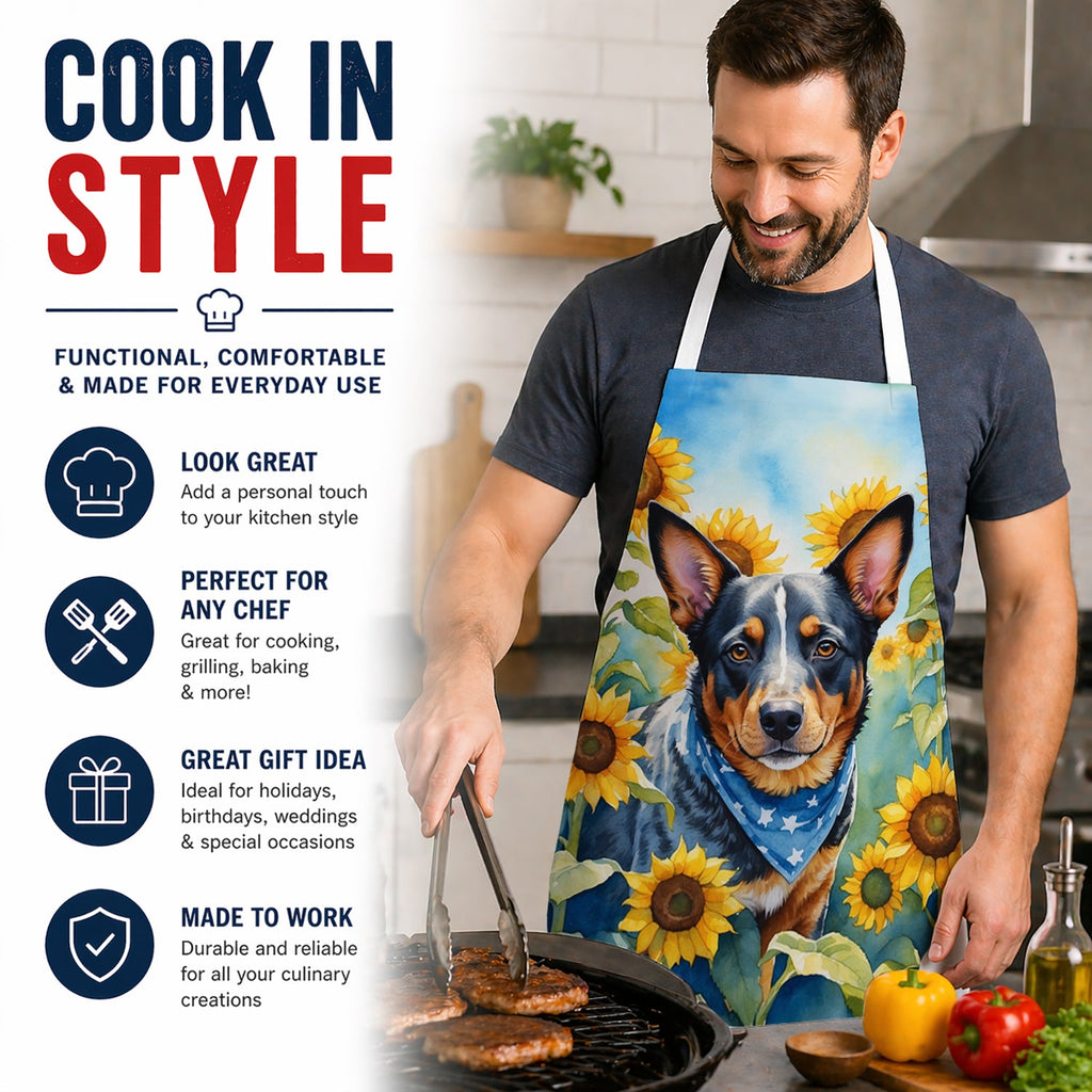 Australian Cattle Dog in Sunflowers Apron Cooking Kitchen Server Baking Crafts Gardening for Adult Women Men, Unisex, Large, Multicolor