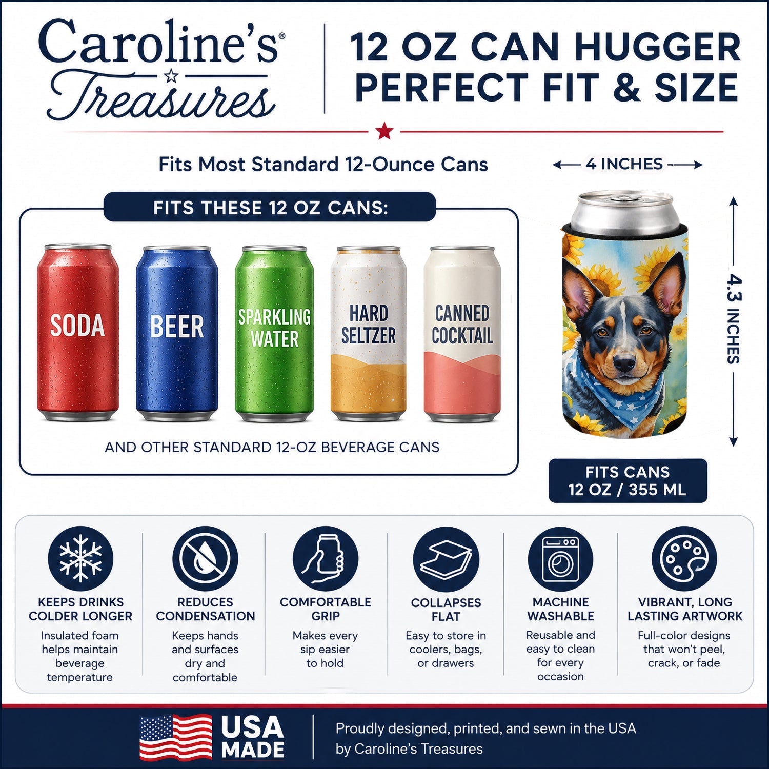 Australian Cattle Dog in Sunflowers Can or Bottle Hugger Cooler Sleeve for Standard 12 oz Cans, Insulated Foam Beer & Soda Can Hugger Reusable