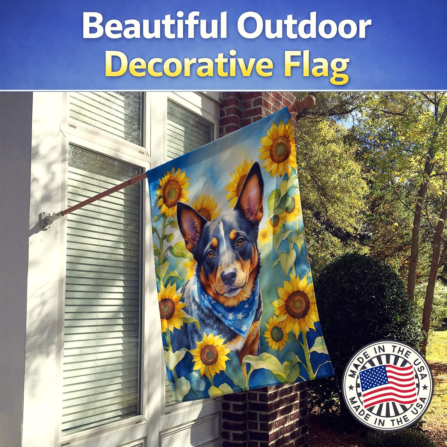 Australian Cattle Dog in Sunflowers House Flag 28x40 Porch Sleeve Pole Decorative Outside Yard Banner Artwork Wall Hanging, Polyester