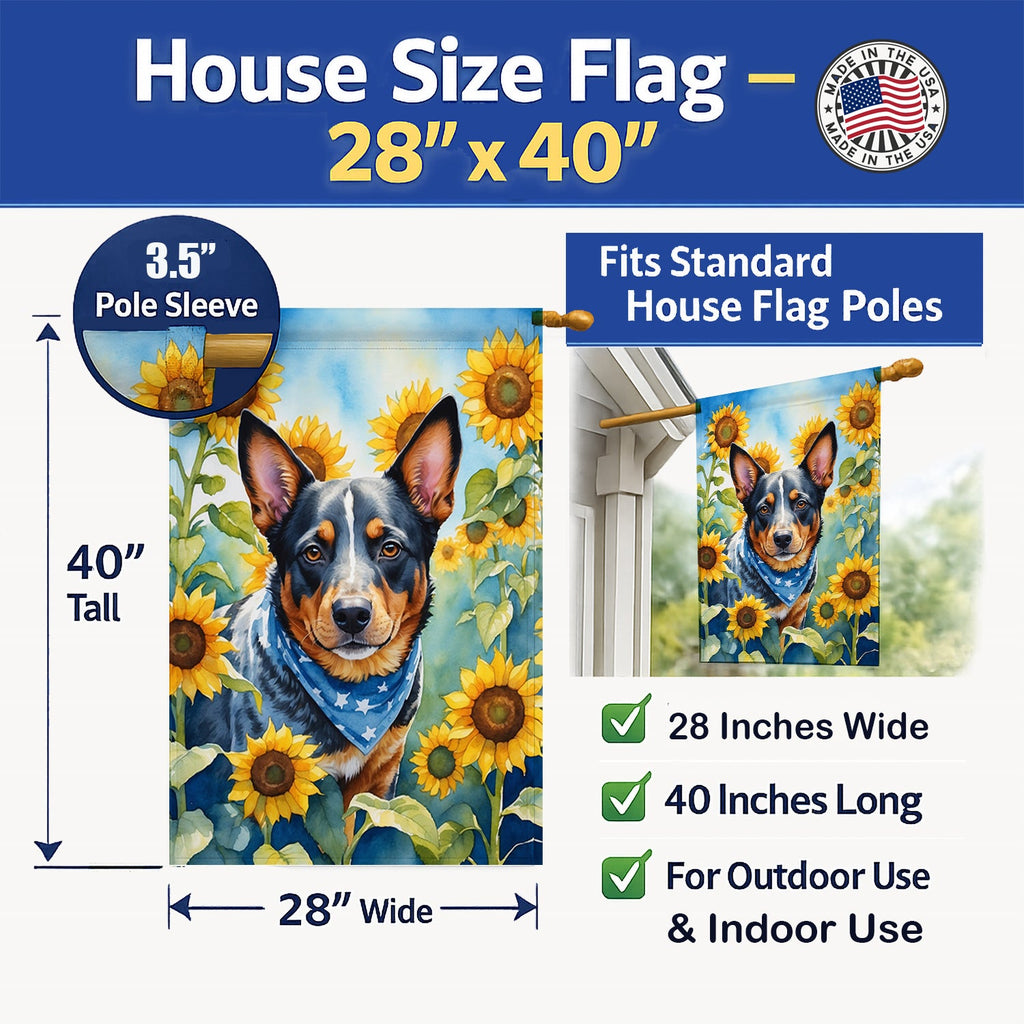 Australian Cattle Dog in Sunflowers House Flag 28x40 Porch Sleeve Pole Decorative Outside Yard Banner Artwork Wall Hanging, Polyester