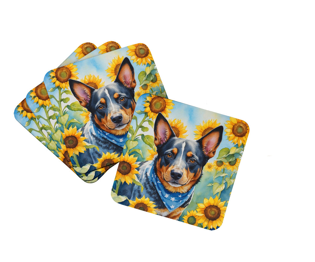 Australian Cattle Dog in Sunflowers Foam Coasters Set of 4 Cup Coasters for Indoor Outdoor, Tabletop Protection, Anti Slip, Mouse pad Material