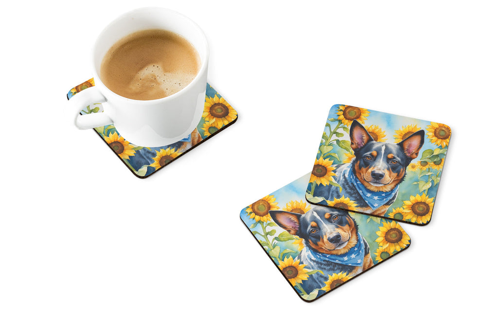 Australian Cattle Dog in Sunflowers Foam Coasters Set of 4 Cup Coasters for Indoor Outdoor, Tabletop Protection, Anti Slip, Mouse pad Material