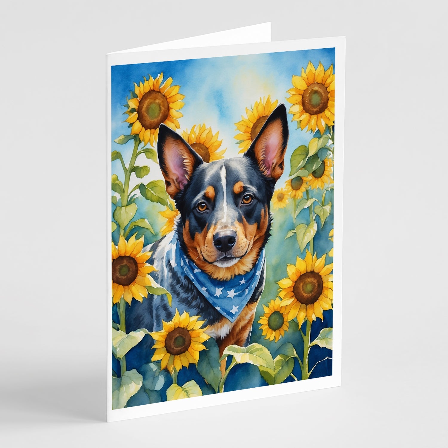 Australian Cattle Dog in Sunflowers Greeting Cards Pack of 8 Blank Cards with Envelopes Whimsical A7 Size 5x7