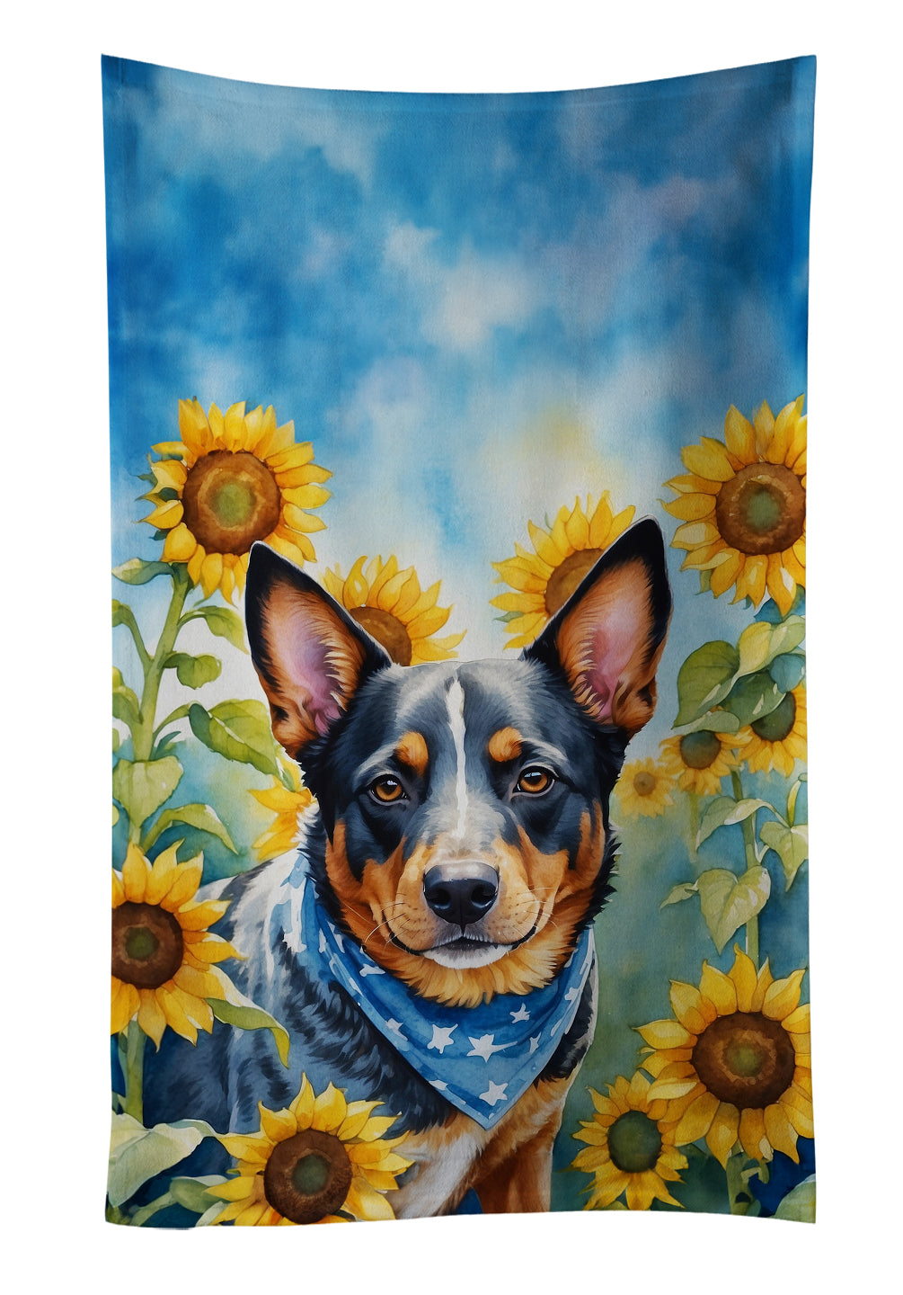Australian Cattle Dog in Sunflowers Kitchen Towel Velour Plush Front and Cotton Loop Back Machine Washable