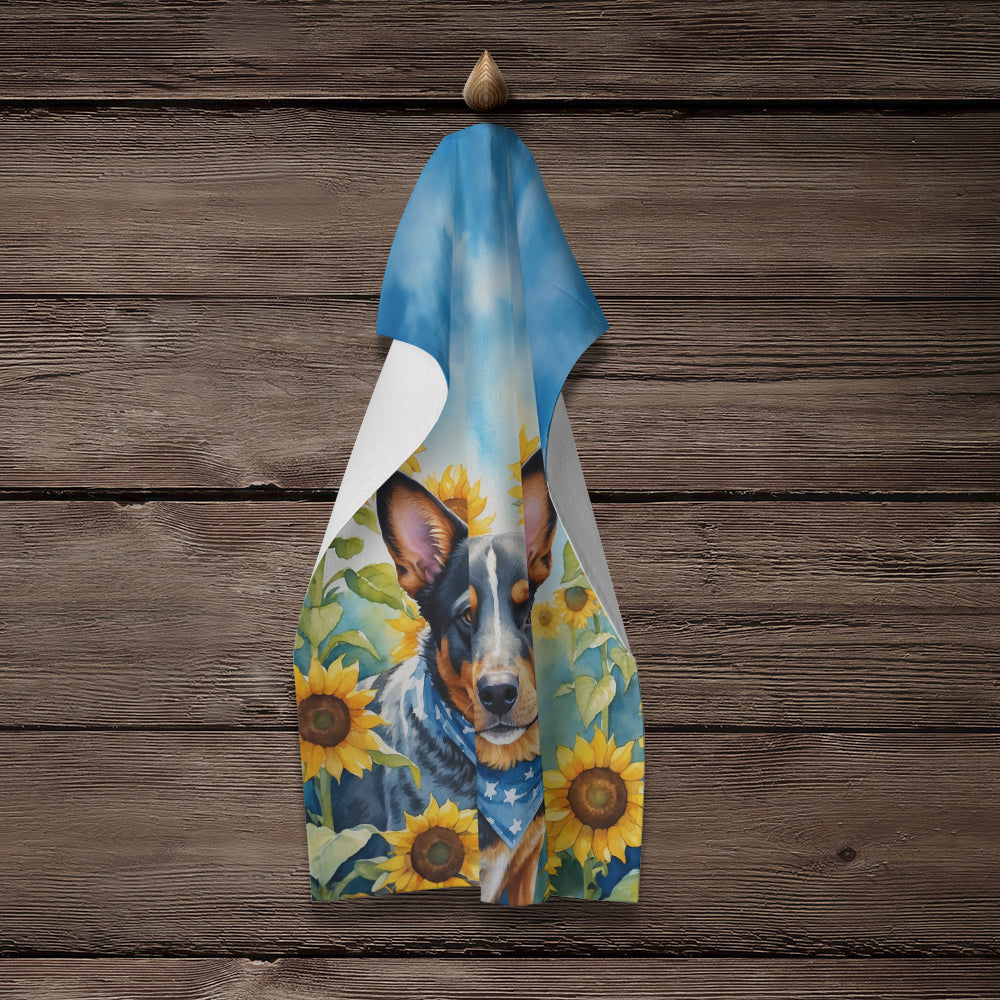 Australian Cattle Dog in Sunflowers Kitchen Towel Velour Plush Front and Cotton Loop Back Machine Washable