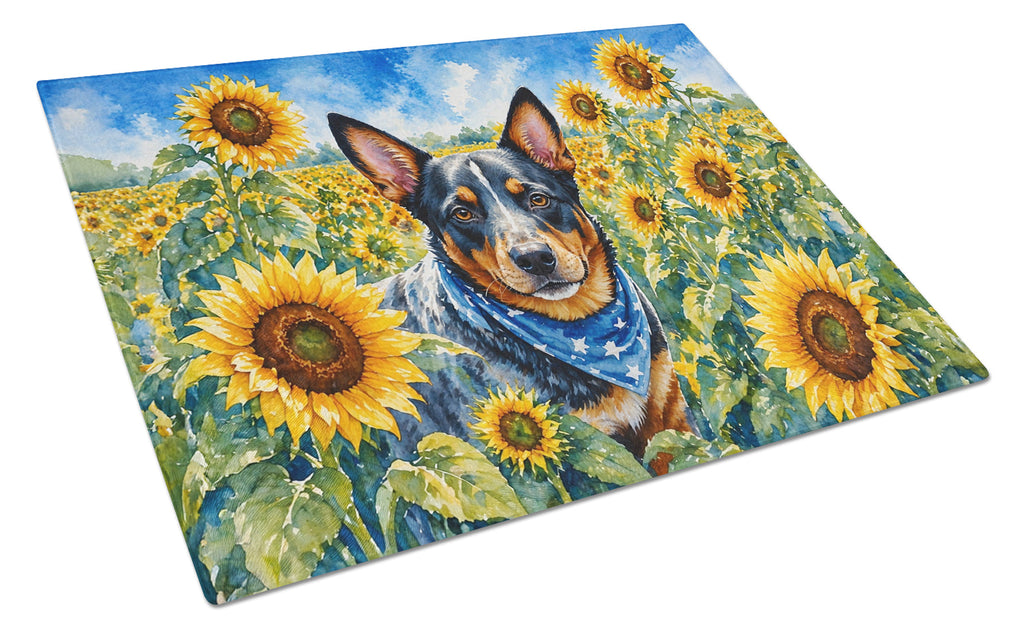 Australian Cattle Dog in Sunflowers Cutting Board Tempered Glass Kitchen Cutting Surface, Heat Resistant Chopping Board with Non-Slip Feet, Decorative Food Prep & Serving