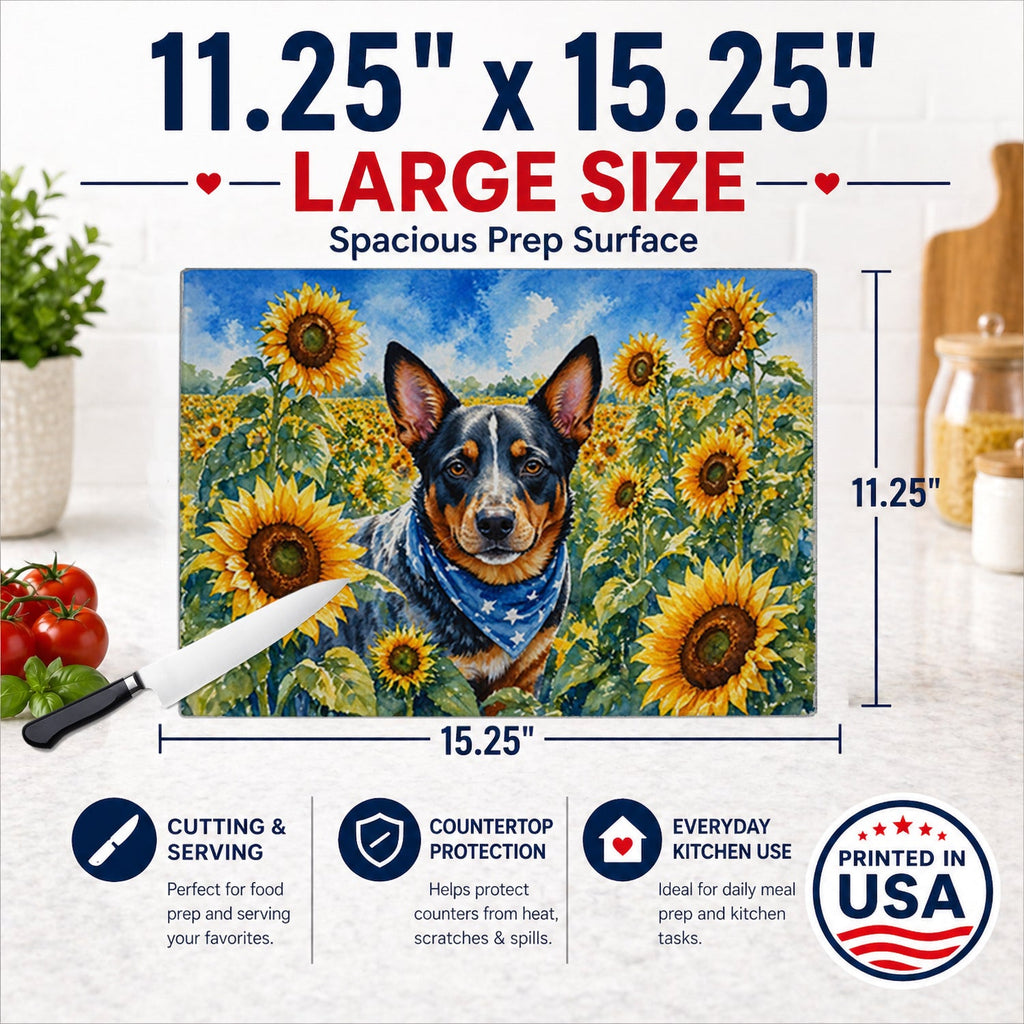 Australian Cattle Dog in Sunflowers Cutting Board Tempered Glass Kitchen Cutting Surface, Heat Resistant Chopping Board with Non-Slip Feet, Decorative Food Prep & Serving