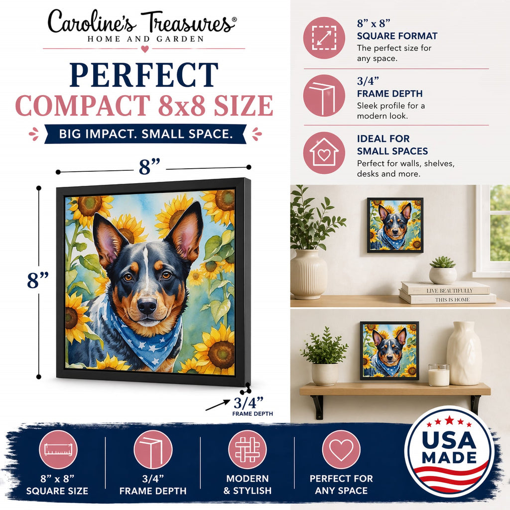Australian Cattle Dog in Sunflowers Framed Metal Print Bathroom, Kitchen, Office, Home Decor Wall Art Ready to Hang, Square, 8X8