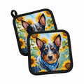 Australian Cattle Dog in Sunflowers Pot Holder Set of 2 Heat Resistant Quilted Hot Pads 7.5 x 7.5 Inch, Insulated Kitchen Trivets for Cooking & Baking