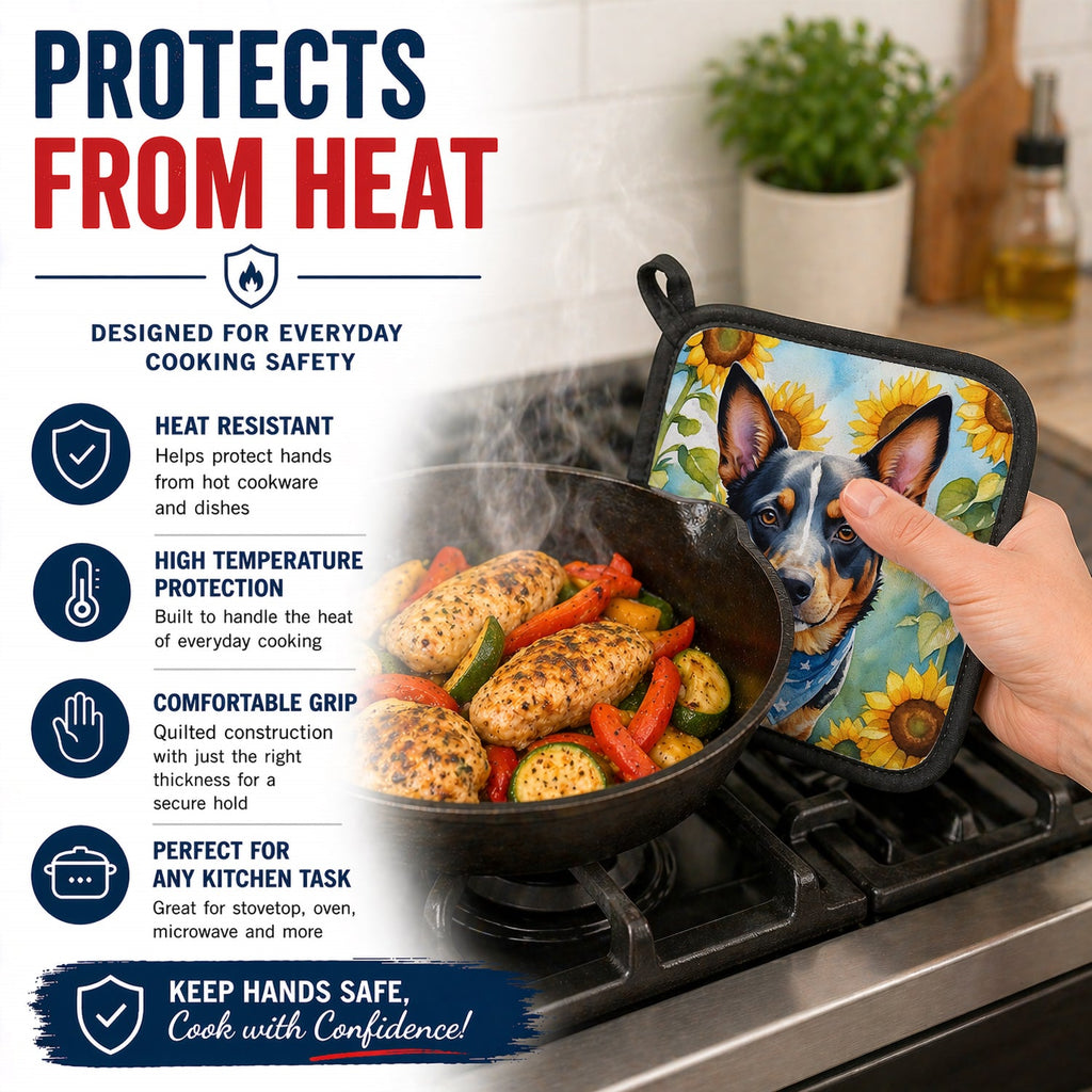 Australian Cattle Dog in Sunflowers Pot Holder Set of 2 Heat Resistant Quilted Hot Pads 7.5 x 7.5 Inch, Insulated Kitchen Trivets for Cooking & Baking