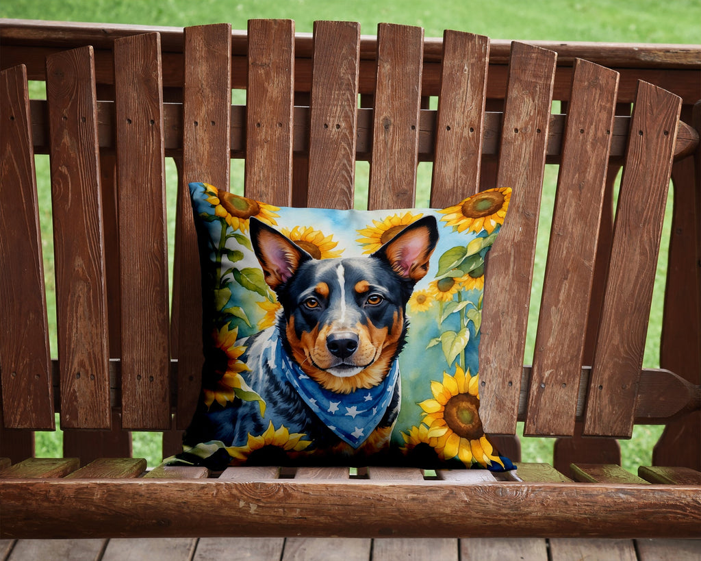 Australian Cattle Dog in Sunflowers Decorative Throw Pillow 14x14 Indoor Outdoor Accent Cushion, Fabric Cover with Insert for Sofa, Bed, Porch & Living Room