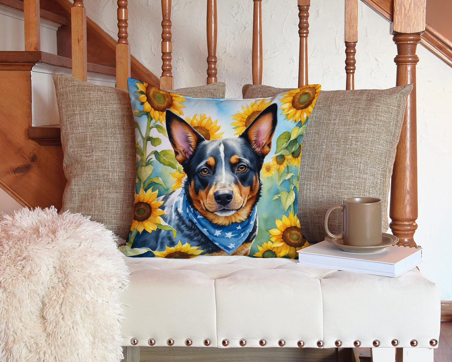 Australian Cattle Dog in Sunflowers Decorative Throw Pillow 14x14 Indoor Outdoor Accent Cushion, Fabric Cover with Insert for Sofa, Bed, Porch & Living Room