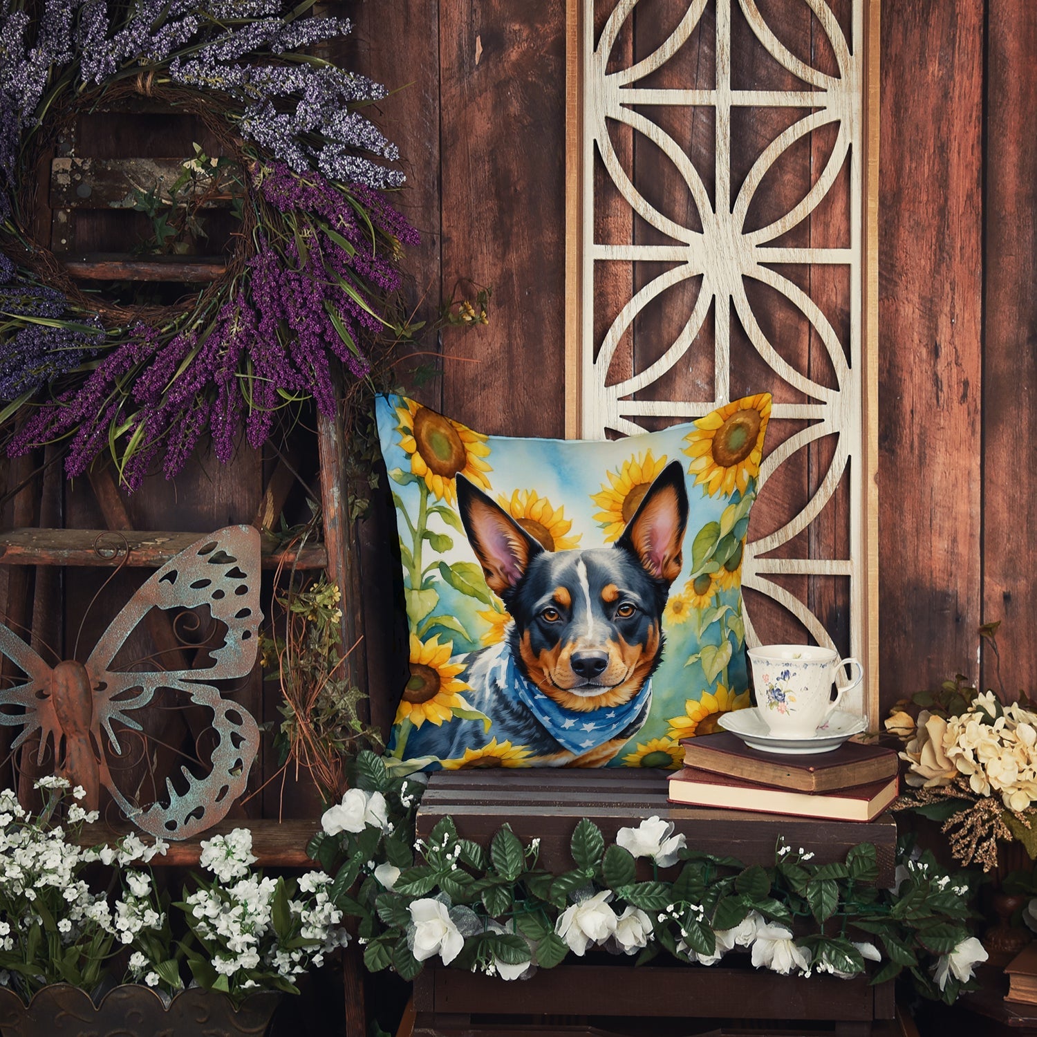 Australian Cattle Dog in Sunflowers Decorative Throw Pillow 14x14 Indoor Outdoor Accent Cushion, Fabric Cover with Insert for Sofa, Bed, Porch & Living Room