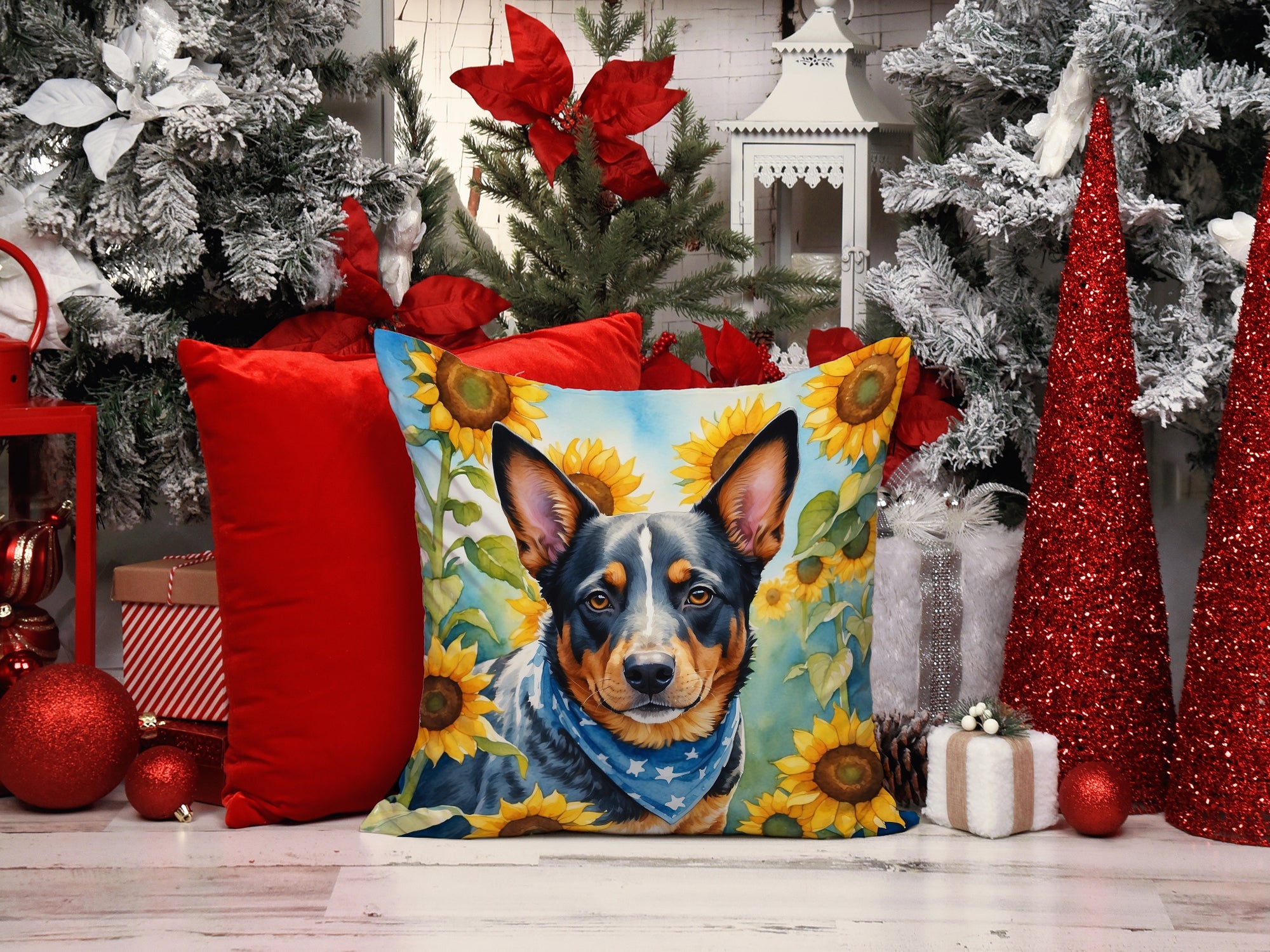 Australian Cattle Dog in Sunflowers Decorative Throw Pillow 14x14 Indoor Outdoor Accent Cushion, Fabric Cover with Insert for Sofa, Bed, Porch & Living Room