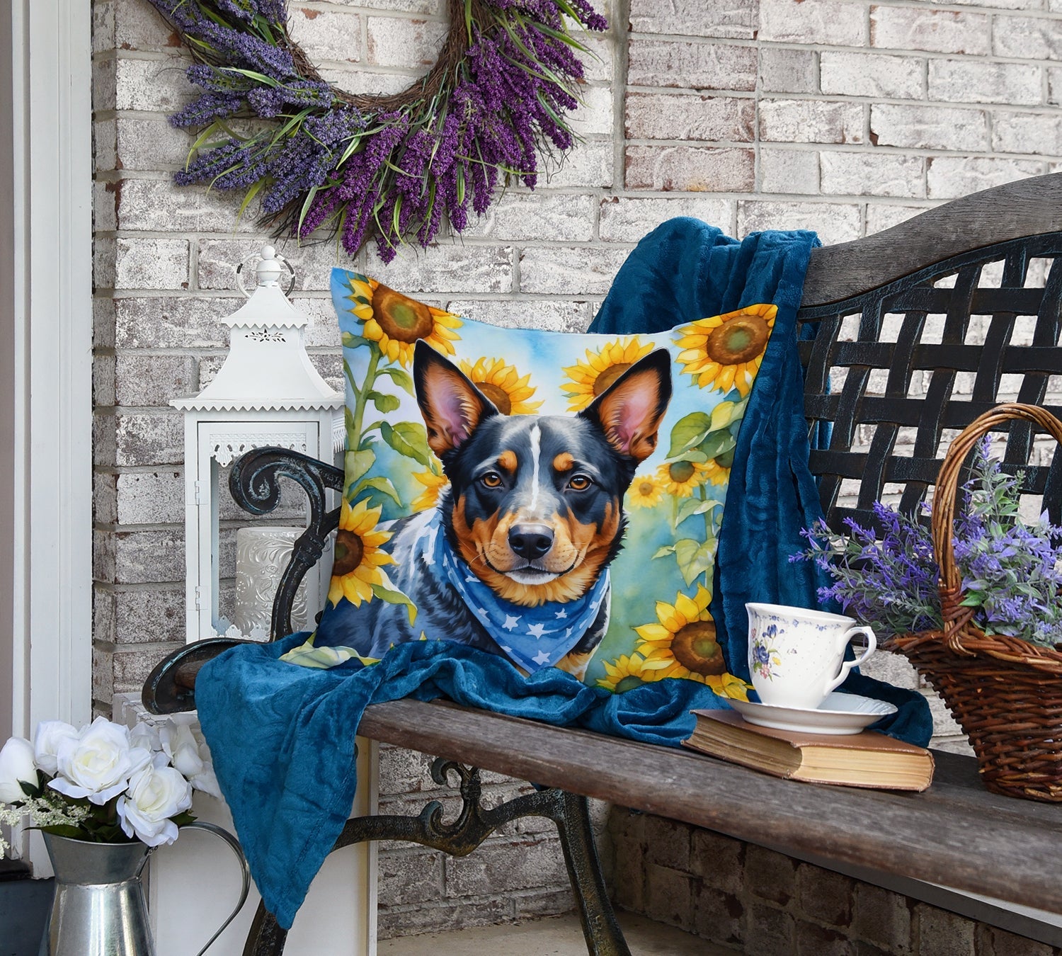 Australian Cattle Dog in Sunflowers Decorative Throw Pillow 18x18 Indoor Outdoor Accent Cushion, Fabric Cover with Insert for Sofa, Bed, Porch & Living Room