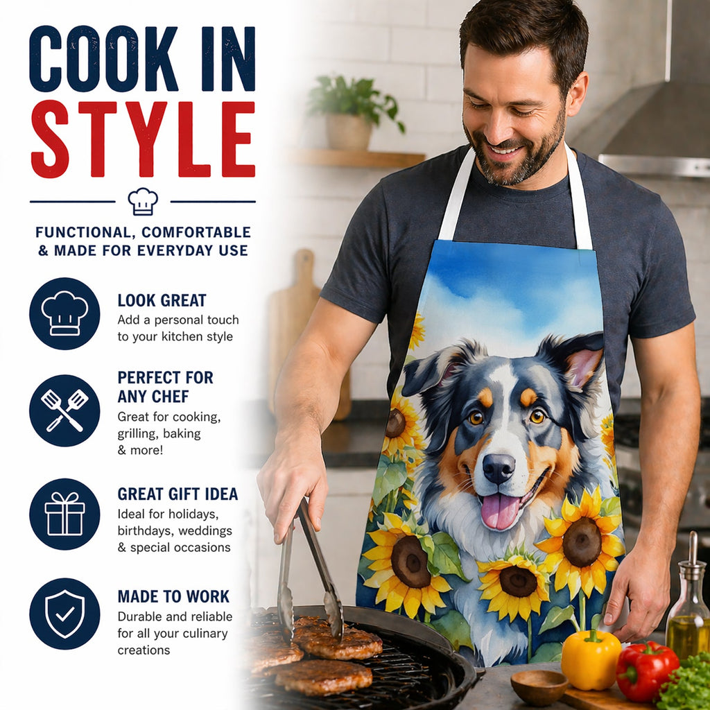 Australian Shepherd in Sunflowers Apron Cooking Kitchen Server Baking Crafts Gardening for Adult Women Men, Unisex, Large, Multicolor