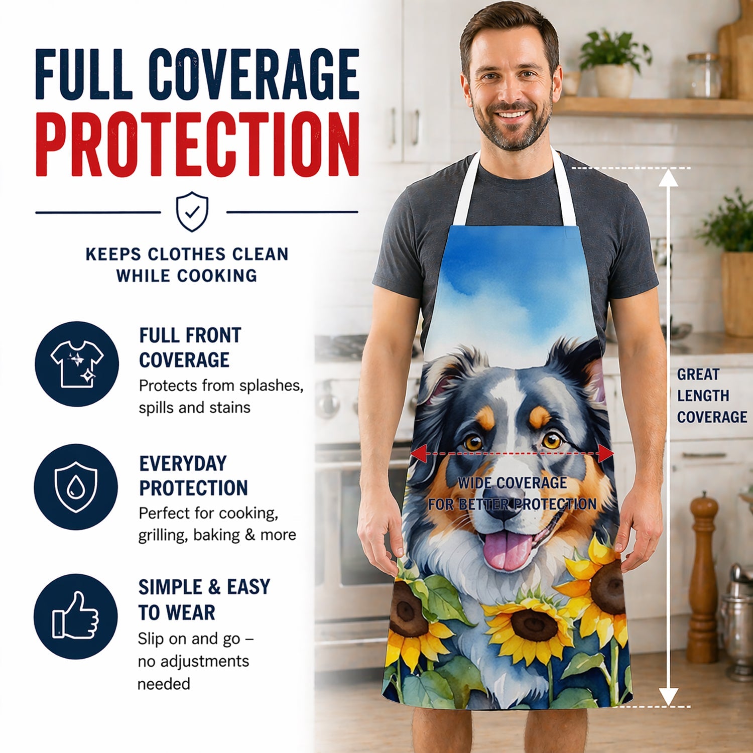 Australian Shepherd in Sunflowers Apron Cooking Kitchen Server Baking Crafts Gardening for Adult Women Men, Unisex, Large, Multicolor
