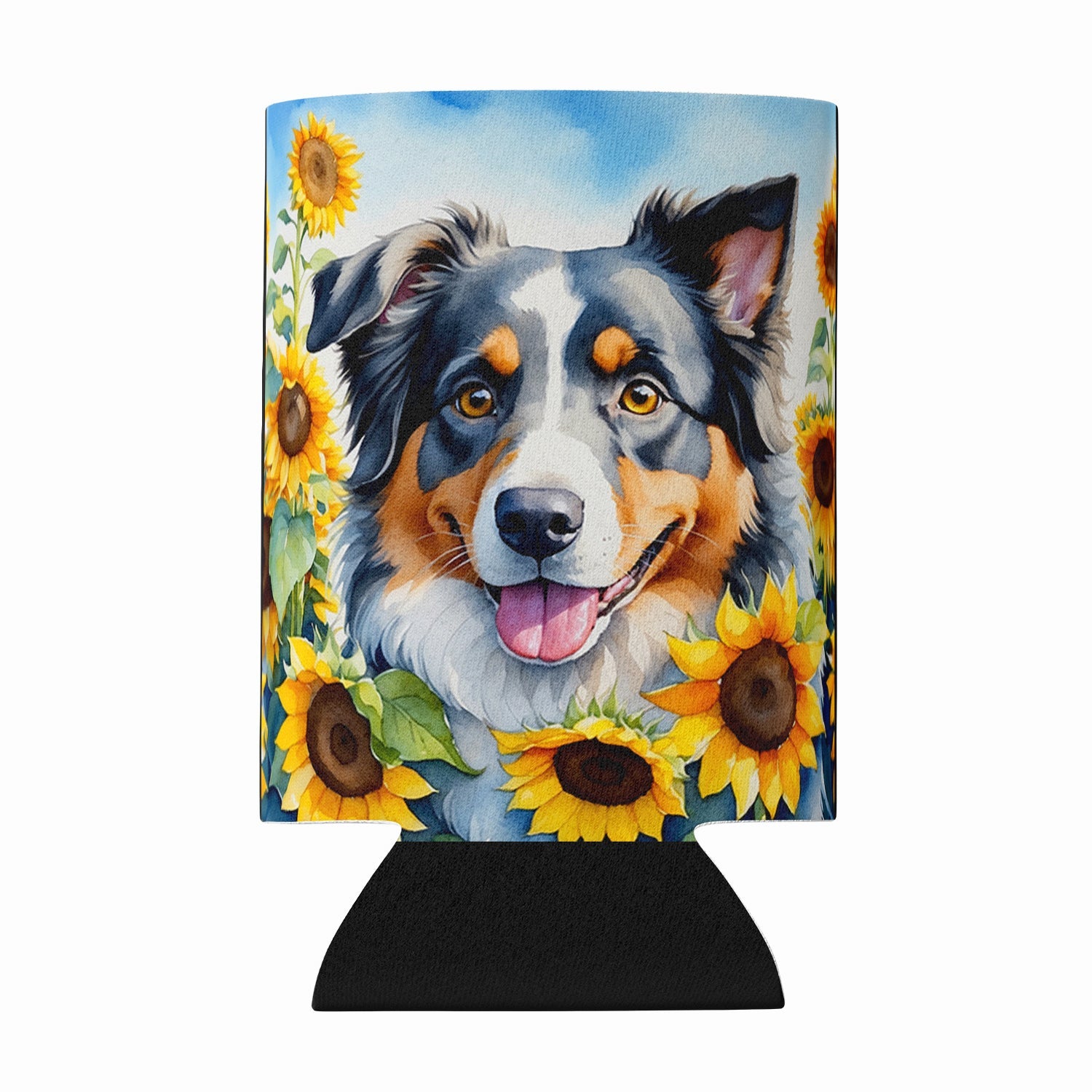 Australian Shepherd in Sunflowers Can or Bottle Hugger Cooler Sleeve for Standard 12 oz Cans, Insulated Foam Beer & Soda Can Hugger Reusable
