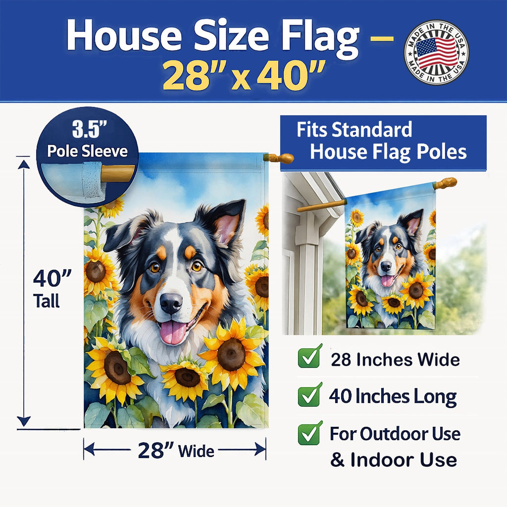 Australian Shepherd in Sunflowers House Flag 28x40 Porch Sleeve Pole Decorative Outside Yard Banner Artwork Wall Hanging, Polyester