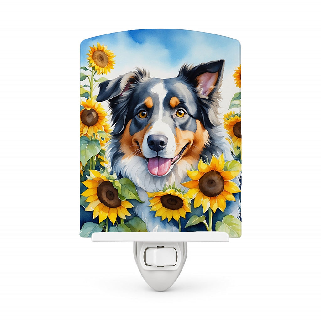 Australian Shepherd in Sunflowers Ceramic Night Light Compact, UL-Certified, Ideal for Bedroom, Bathroom, Nursery, Hallway, Kitchen, 6x4x3, Multicolor