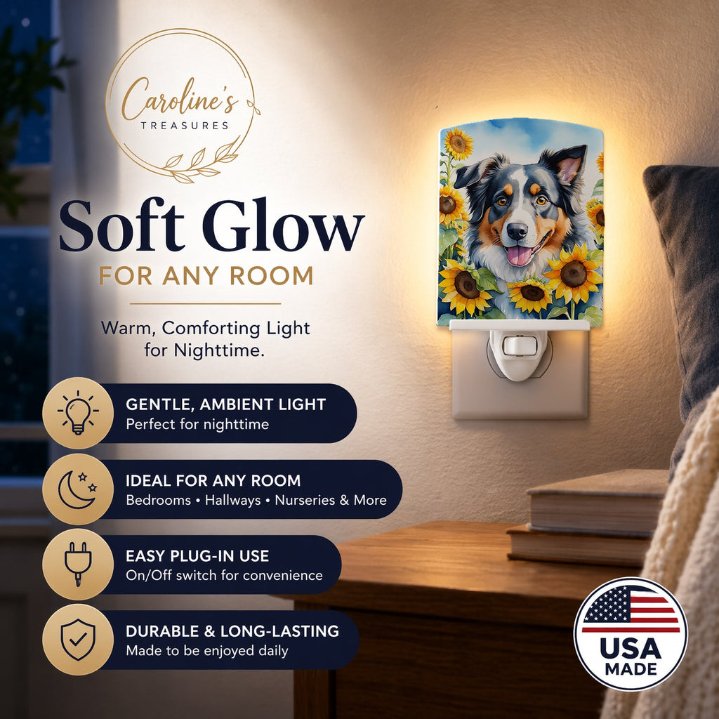 Australian Shepherd in Sunflowers Ceramic Night Light Compact, UL-Certified, Ideal for Bedroom, Bathroom, Nursery, Hallway, Kitchen, 6x4x3, Multicolor