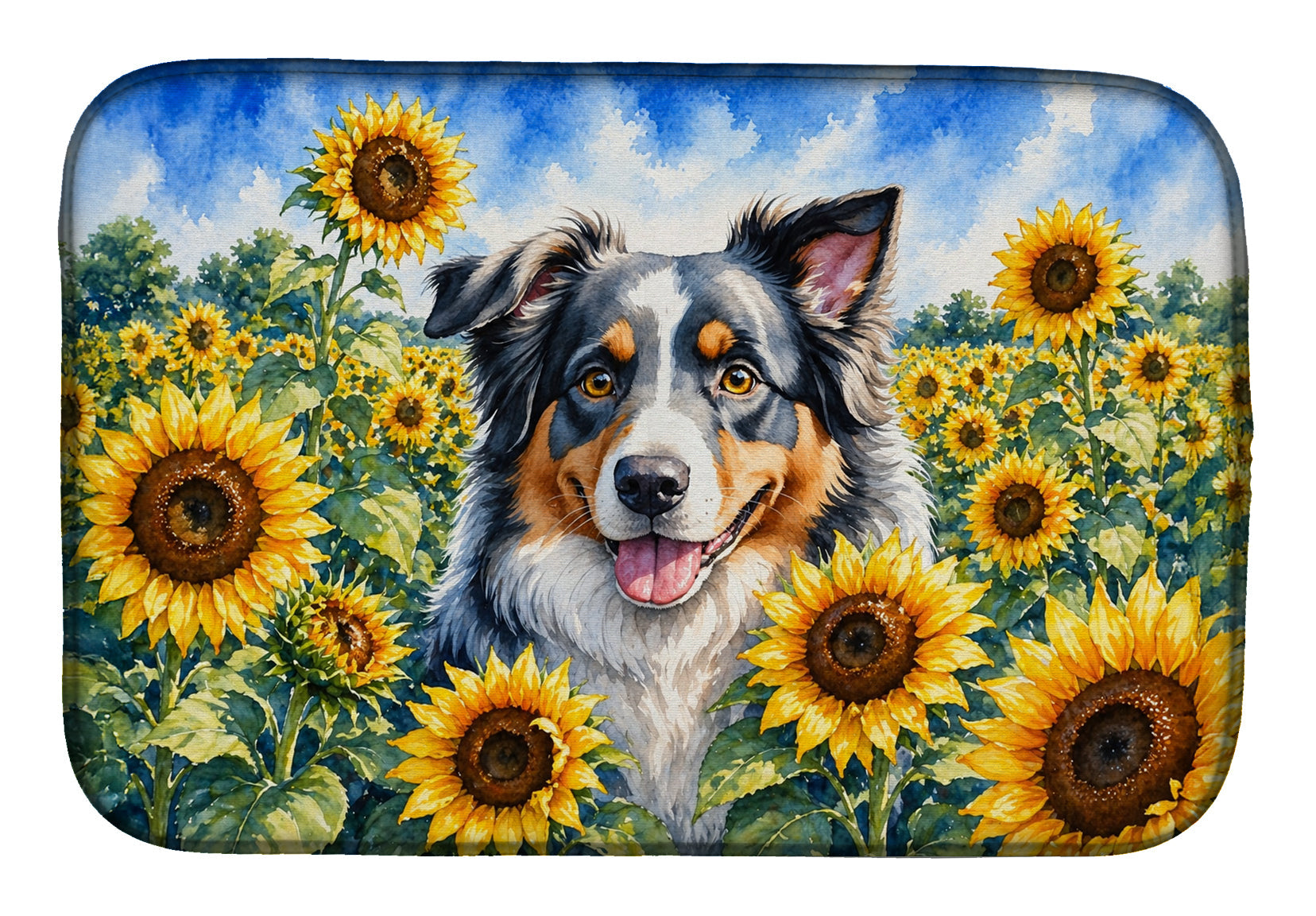Australian Shepherd in Sunflowers Dish Drying Mat Absorbent Dish Drying Mat Pad for Kitchen Counter Dish Drainer Mat for Countertop, 14 x 21", Multicolor