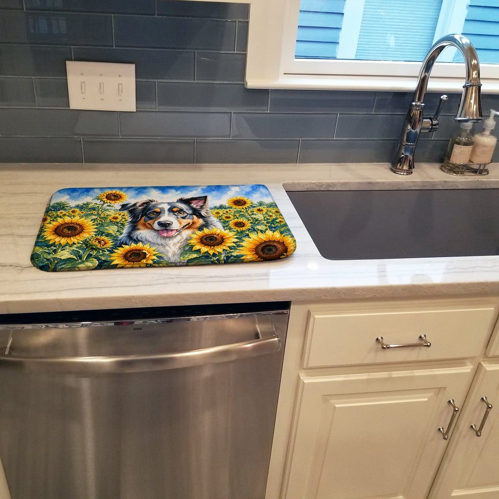 Australian Shepherd in Sunflowers Dish Drying Mat Absorbent Dish Drying Mat Pad for Kitchen Counter Dish Drainer Mat for Countertop, 14 x 21", Multicolor
