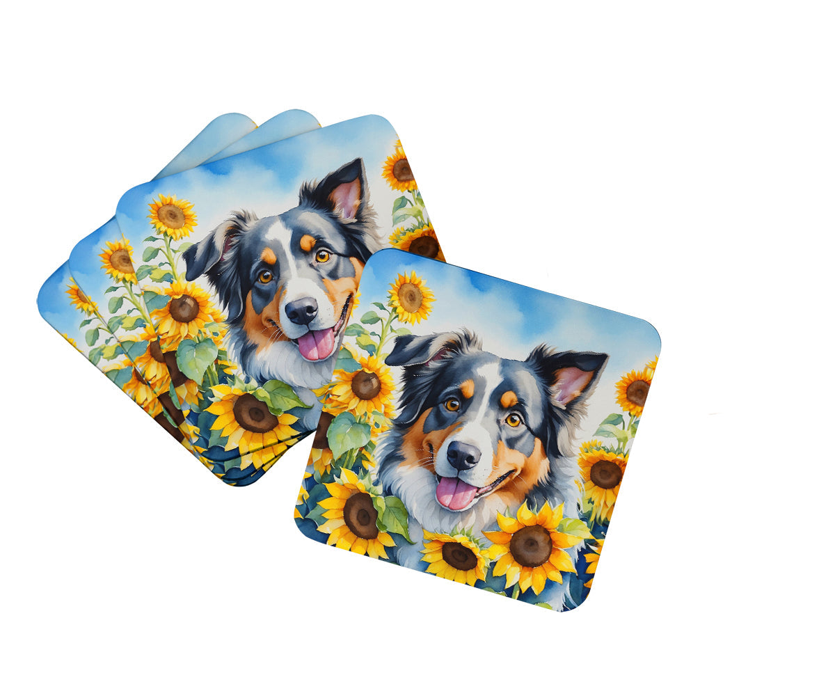 Australian Shepherd in Sunflowers Foam Coasters Set of 4 Cup Coasters for Indoor Outdoor, Tabletop Protection, Anti Slip, Mouse pad Material