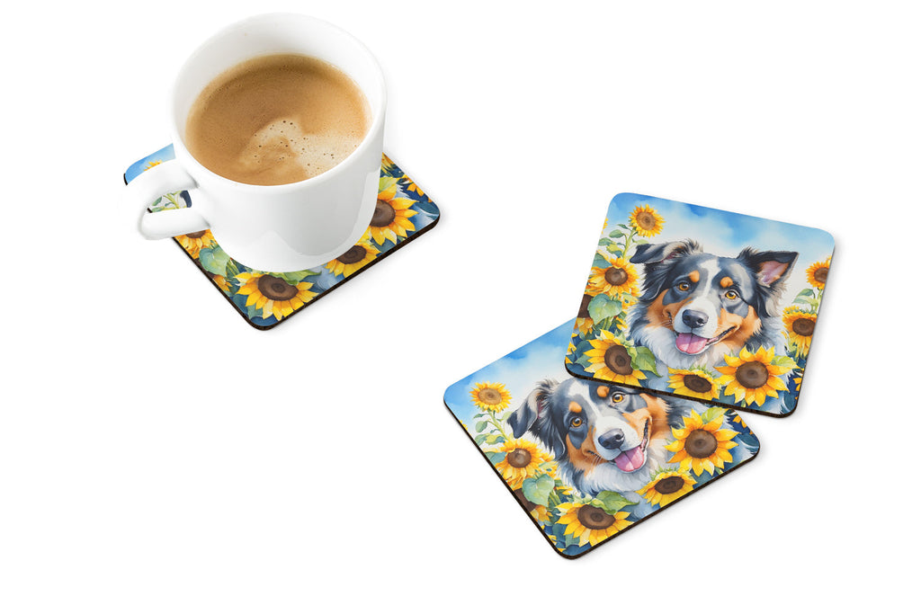 Australian Shepherd in Sunflowers Foam Coasters Set of 4 Cup Coasters for Indoor Outdoor, Tabletop Protection, Anti Slip, Mouse pad Material