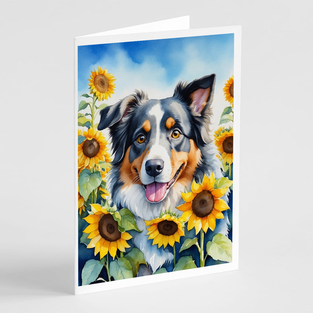 Australian Shepherd in Sunflowers Greeting Cards Pack of 8 Blank Cards with Envelopes Whimsical A7 Size 5x7