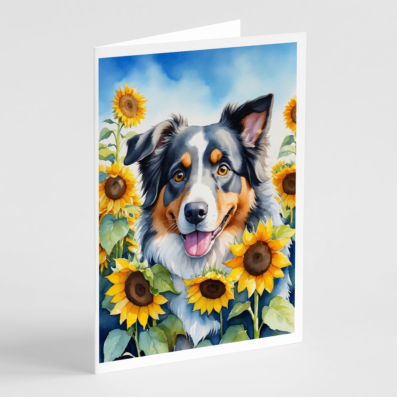 Australian Shepherd in Sunflowers Greeting Cards Pack of 8 Blank Cards with Envelopes Whimsical A7 Size 5x7