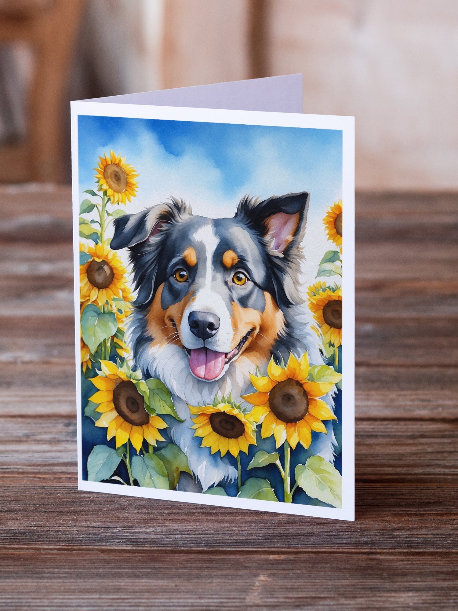 Australian Shepherd in Sunflowers Greeting Cards Pack of 8 Blank Cards with Envelopes Whimsical A7 Size 5x7