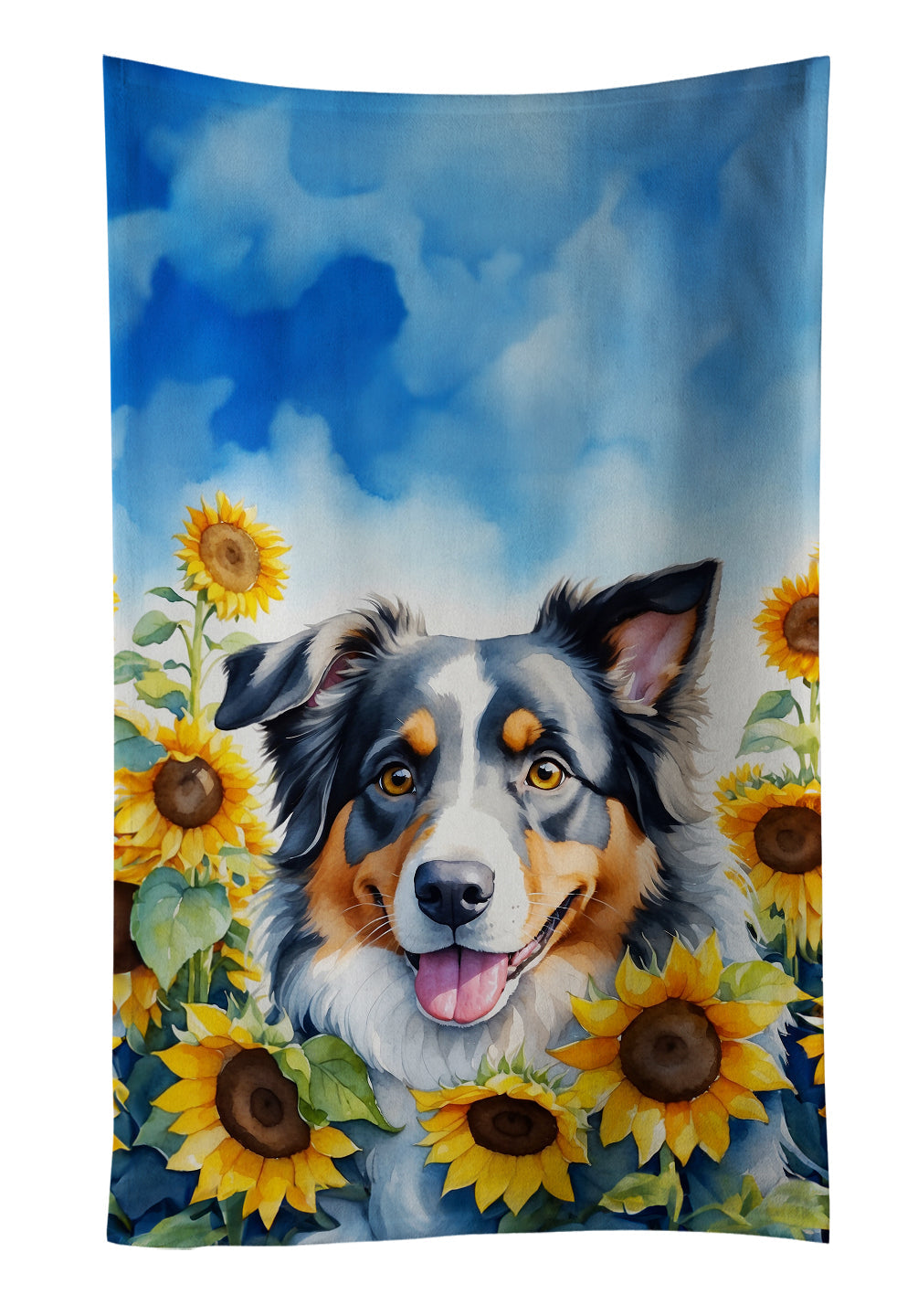 Australian Shepherd in Sunflowers Kitchen Towel Velour Plush Front and Cotton Loop Back Machine Washable