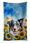 Australian Shepherd in Sunflowers Kitchen Towel Velour Plush Front and Cotton Loop Back Machine Washable
