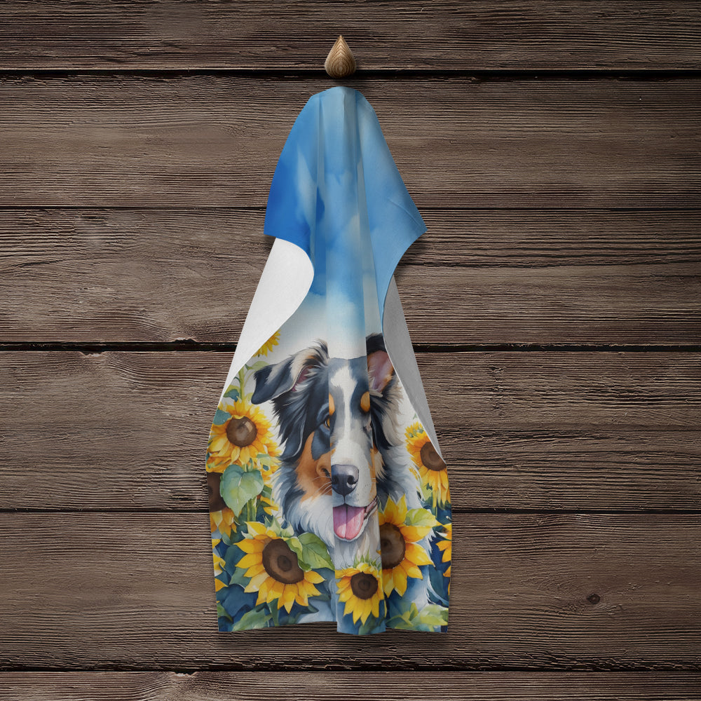 Australian Shepherd in Sunflowers Kitchen Towel Velour Plush Front and Cotton Loop Back Machine Washable