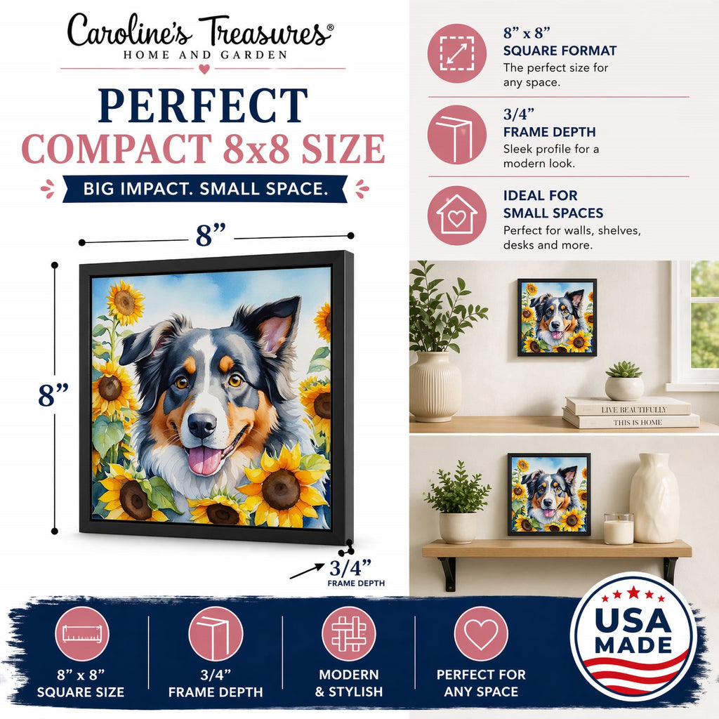 Australian Shepherd in Sunflowers Framed Metal Print Bathroom, Kitchen, Office, Home Decor Wall Art Ready to Hang, Square, 8X8