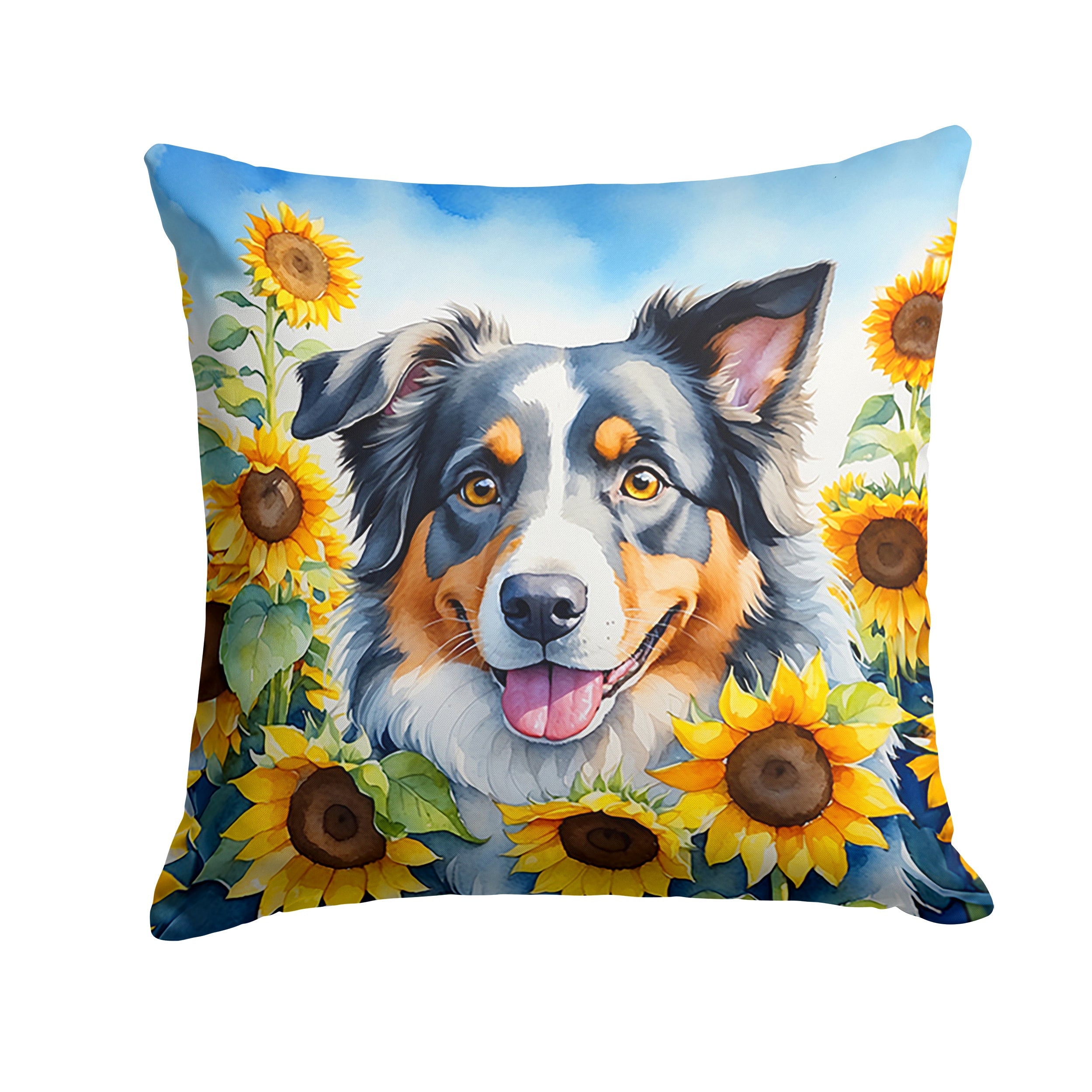 Australian Shepherd in Sunflowers Decorative Throw Pillow 14x14 Indoor Outdoor Accent Cushion, Fabric Cover with Insert for Sofa, Bed, Porch & Living Room