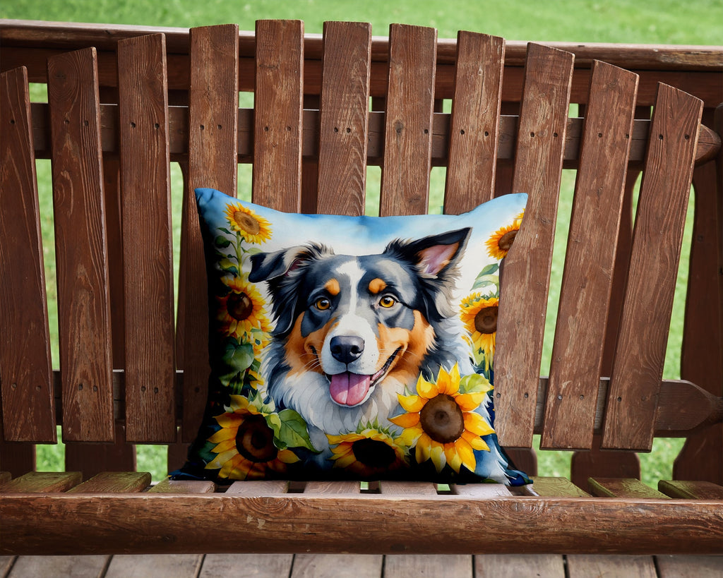 Australian Shepherd in Sunflowers Decorative Throw Pillow 14x14 Indoor Outdoor Accent Cushion, Fabric Cover with Insert for Sofa, Bed, Porch & Living Room