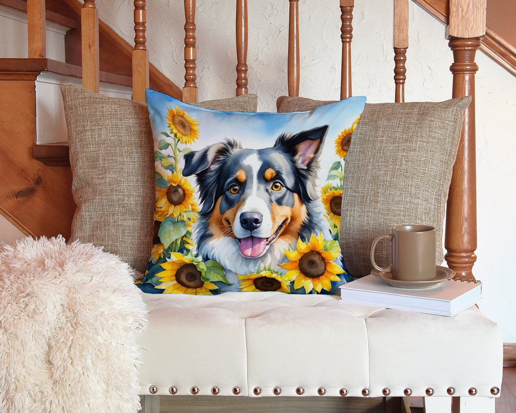 Australian Shepherd in Sunflowers Decorative Throw Pillow 14x14 Indoor Outdoor Accent Cushion, Fabric Cover with Insert for Sofa, Bed, Porch & Living Room
