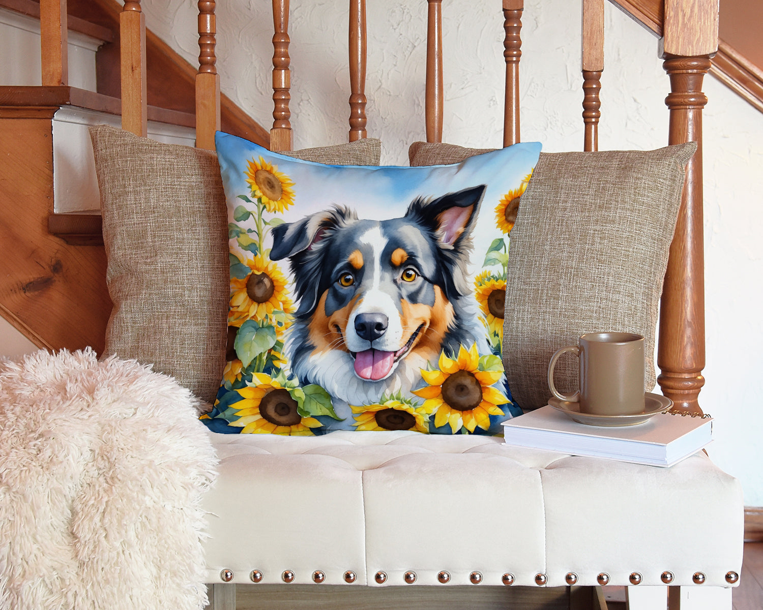 Australian Shepherd in Sunflowers Decorative Throw Pillow 14x14 Indoor Outdoor Accent Cushion, Fabric Cover with Insert for Sofa, Bed, Porch & Living Room