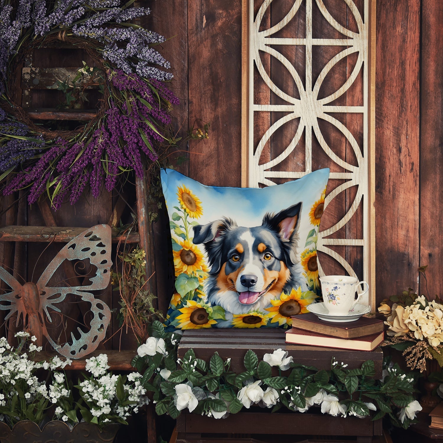 Australian Shepherd in Sunflowers Decorative Throw Pillow 14x14 Indoor Outdoor Accent Cushion, Fabric Cover with Insert for Sofa, Bed, Porch & Living Room