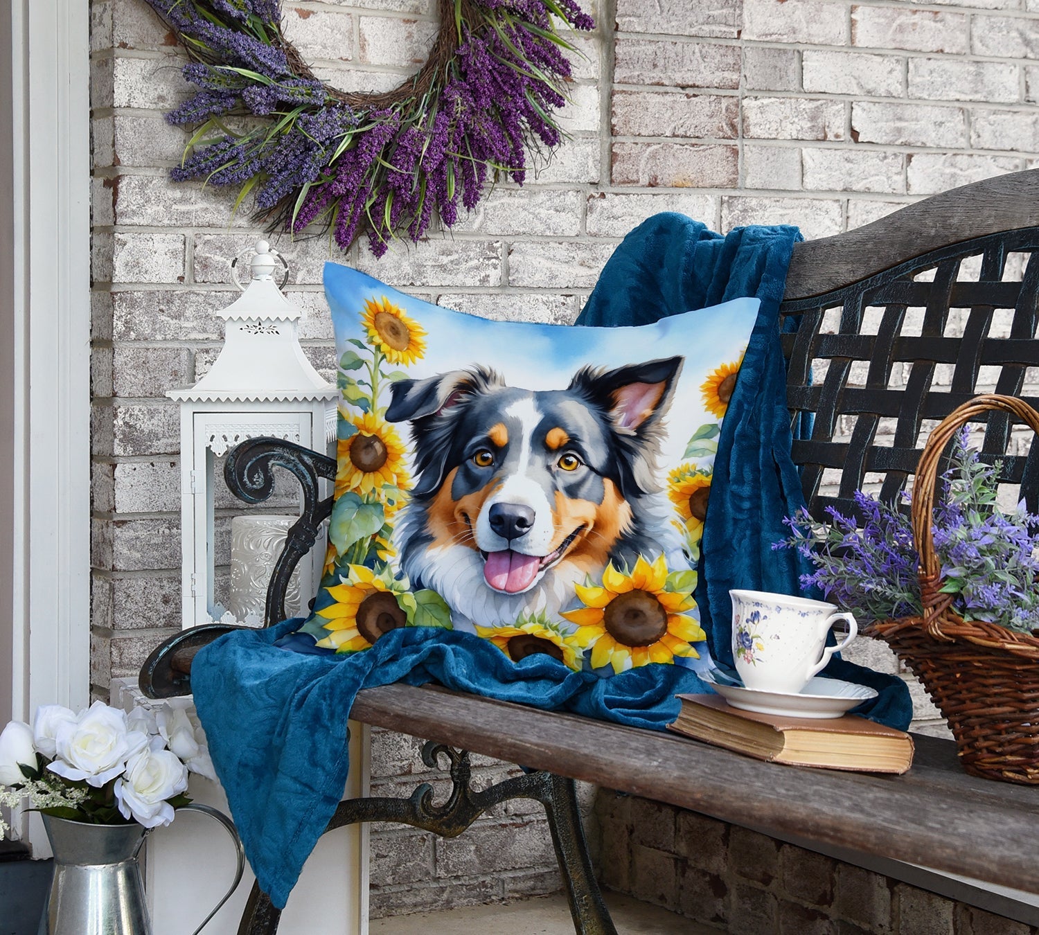 Australian Shepherd in Sunflowers Decorative Throw Pillow 18x18 Indoor Outdoor Accent Cushion, Fabric Cover with Insert for Sofa, Bed, Porch & Living Room