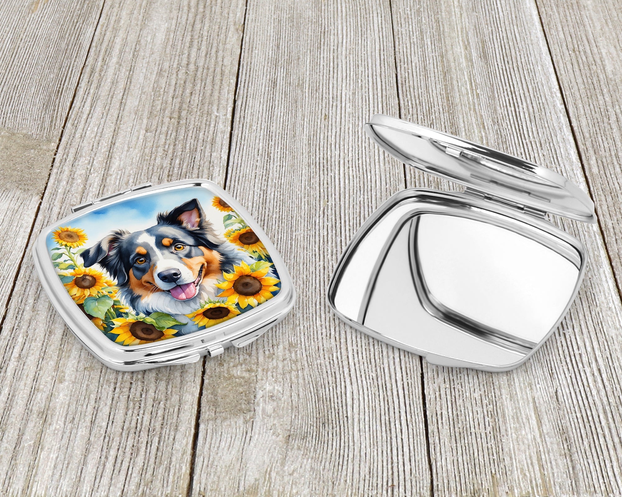 Australian Shepherd in Sunflowers Compact Mirror Decorative Travel Makeup Mirror for Women Girls Gifts Pocket Makeup Mirror Folding Handheld