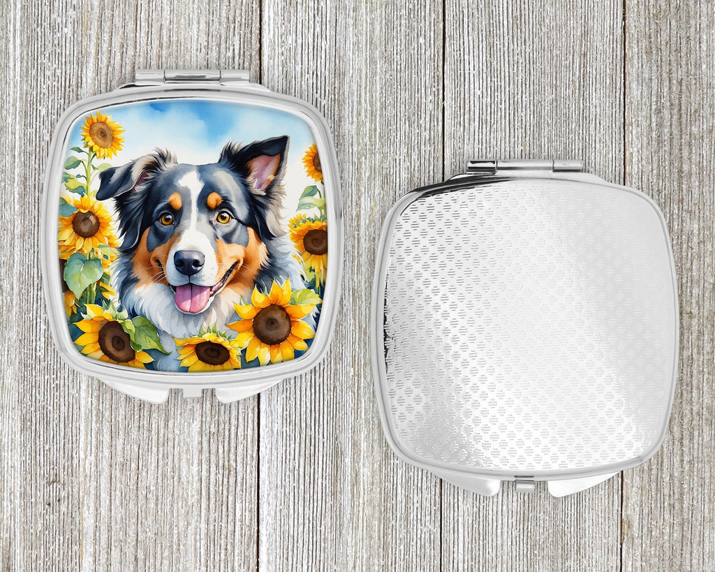 Australian Shepherd in Sunflowers Compact Mirror Decorative Travel Makeup Mirror for Women Girls Gifts Pocket Makeup Mirror Folding Handheld