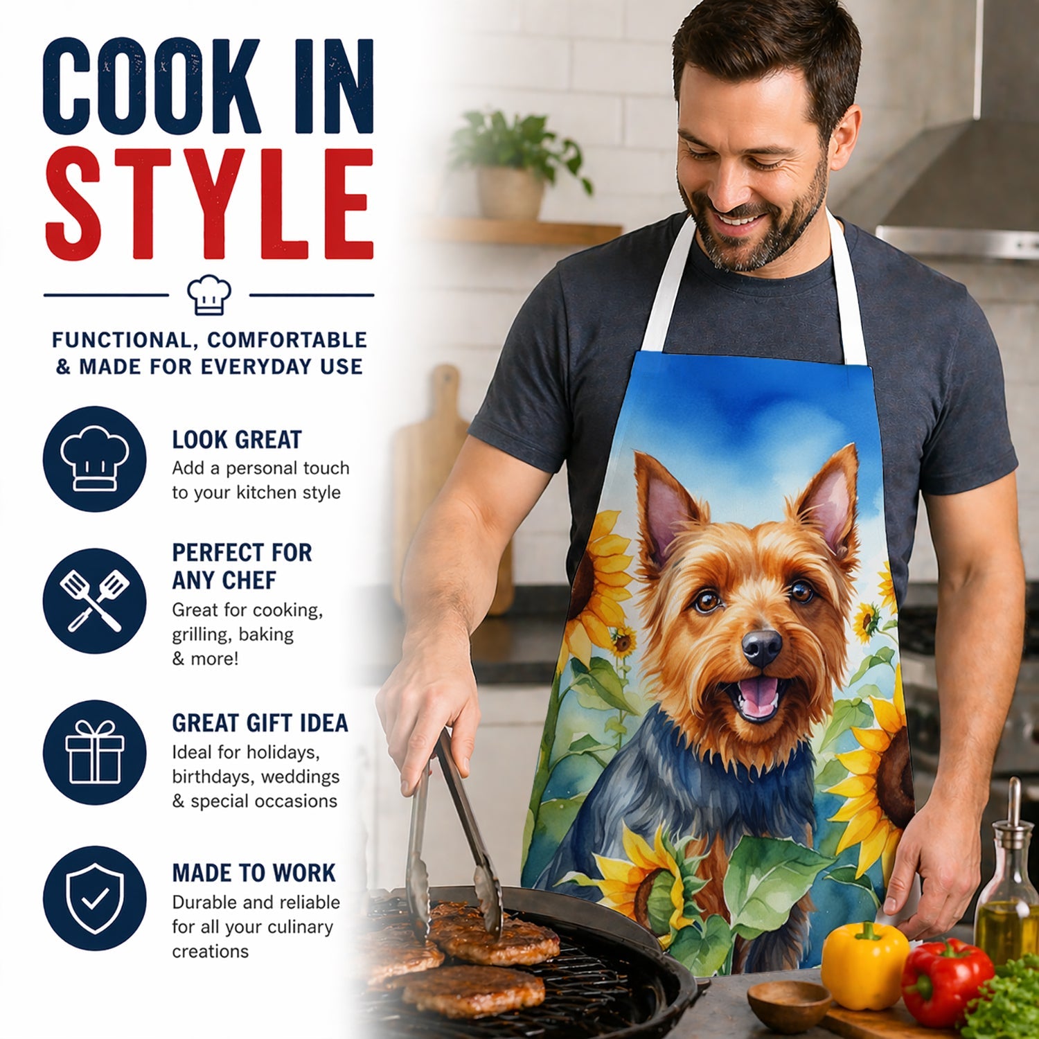 Australian Terrier in Sunflowers Apron Cooking Kitchen Server Baking Crafts Gardening for Adult Women Men, Unisex, Large, Multicolor
