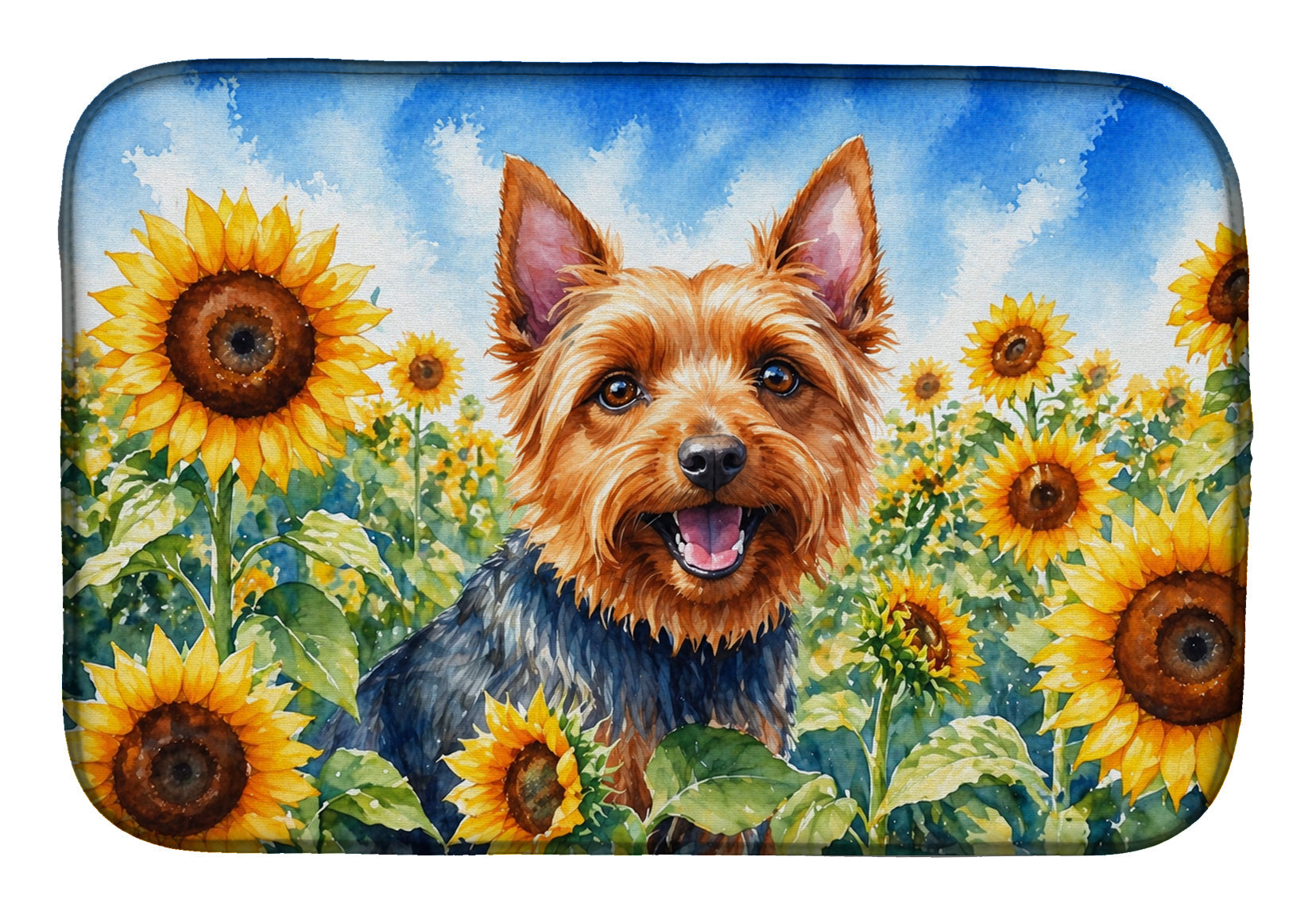 Australian Terrier in Sunflowers Dish Drying Mat Absorbent Dish Drying Mat Pad for Kitchen Counter Dish Drainer Mat for Countertop, 14 x 21", Multicolor